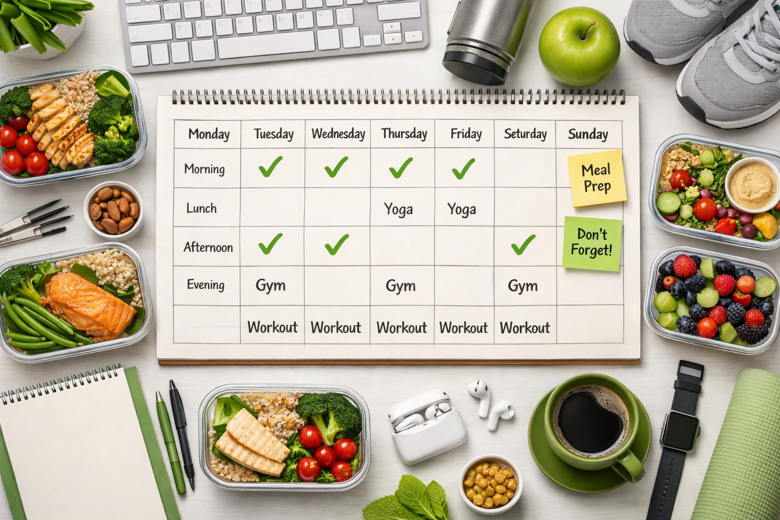 calendar planner with healthy meal prep containers and workout schedule marked with checkmarks, organized desk setup, top view photography